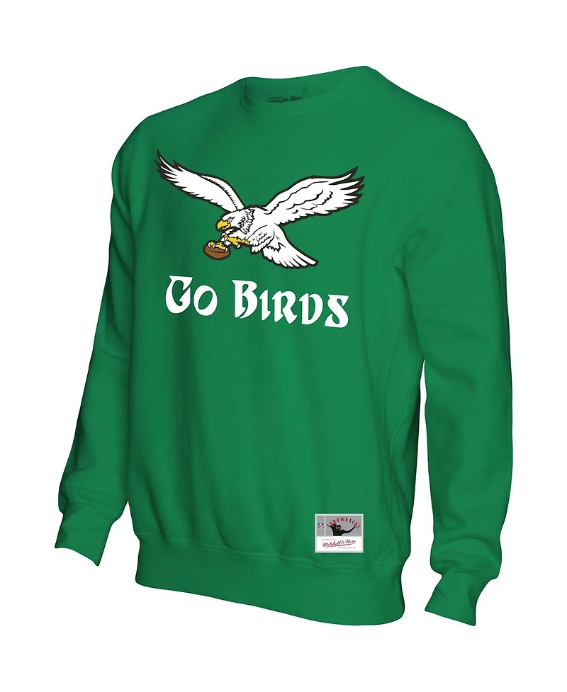 Men's Mitchell & Ness Kelly Green Distressed Philadelphia Eagles Go Birds Pullover Sweatshirt