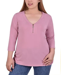 Plus Size Long Sleeve Crepe Knit V-Neck Top with Zipper