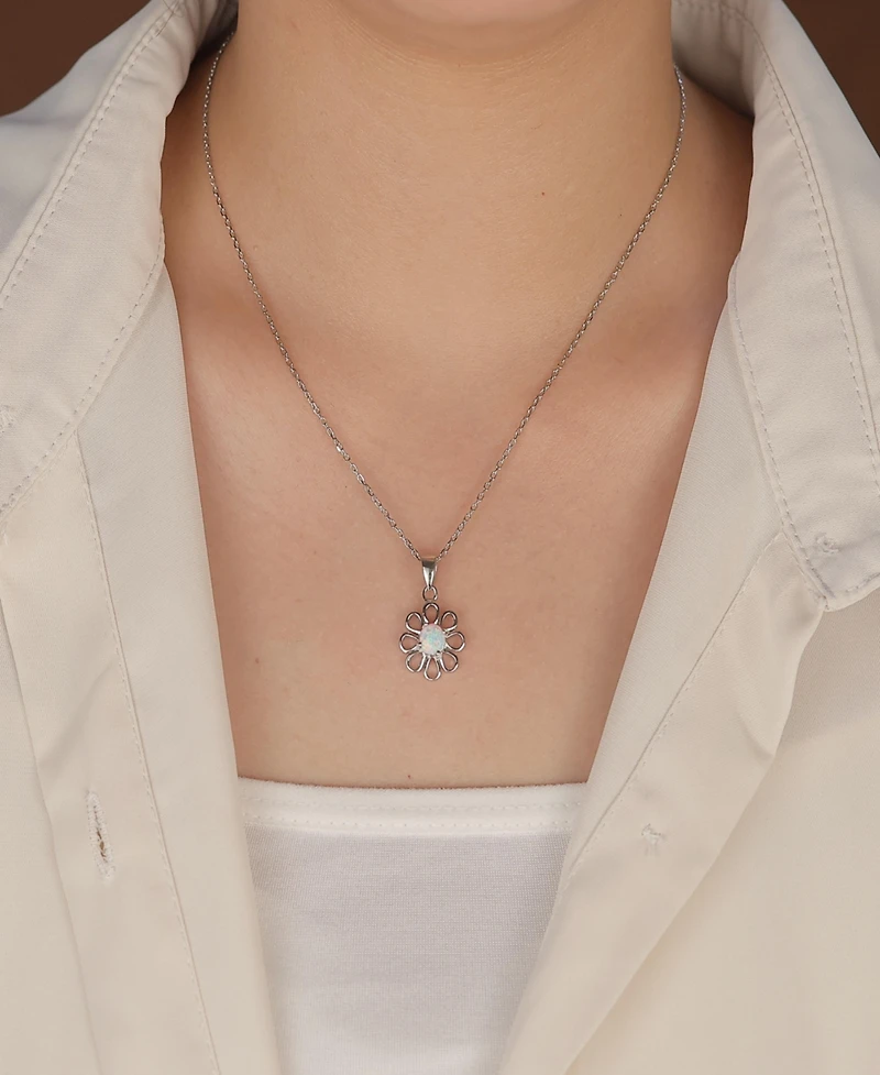Bling Jewelry White Rainbow Opal Daisy Flower Pendant Necklace Sterling Silver October Stone