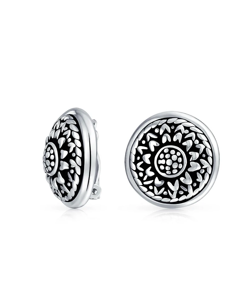 Bling Jewelry Bali Style Lightweight Medallion Round Disc Flower Sunflower Clip On Earrings Non Pierced Oxidized Sterling Silver