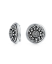 Bling Jewelry Bali Style Lightweight Medallion Round Disc Flower Sunflower Clip On Earrings Non Pierced Oxidized Sterling Silver