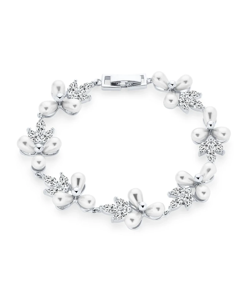 Bling Jewelry Multi Flowers Cz Leaf White Freshwater Cultured Pearl Bracelet 7 Inch