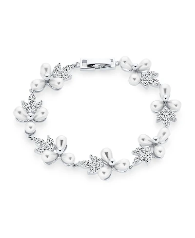 Bling Jewelry Multi Flowers Cz Leaf White Freshwater Cultured Pearl Bracelet 7 Inch