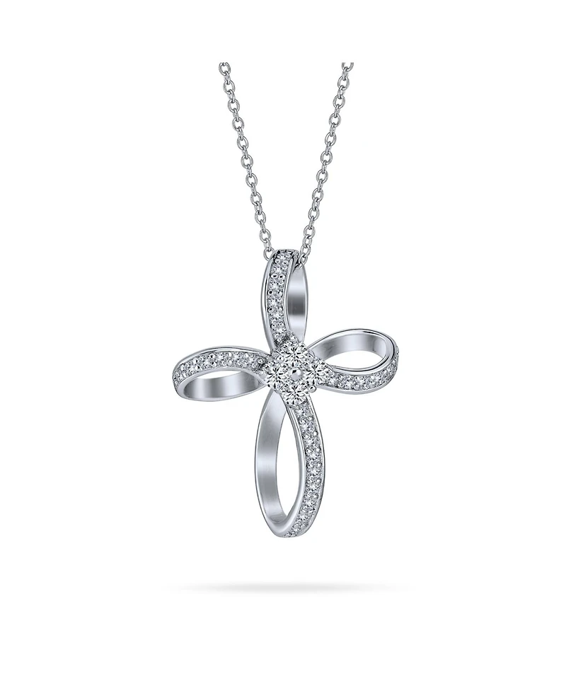 Bling Jewelry Ribbon Twist Open Religious Infinity Cross Pendant Necklace Pave Cz Cubic Zirconia Sterling Silver 1.25 Inch