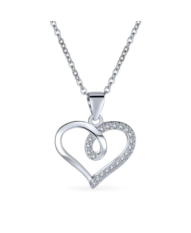 Bling Jewelry Delicate Pave Cubic Zirconia Accent Cz Twisted Ribbon Infinity Love Knot Open Heart Shape Pendant Necklace Sterling Silver