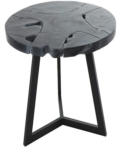 Rosemary Lane 24" x 24" x 22" Teak Wood Geometric Handmade Live Edge Black Metal Base Accent Table