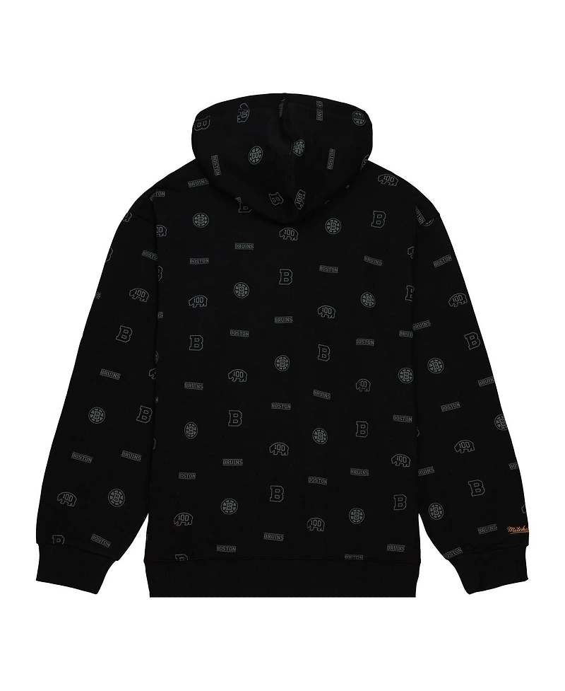 Men's Mitchell & Ness Black Boston Bruins 100th Anniversary Allover Print Pullover Hoodie