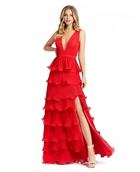 Mac Duggal Women's Sleeveless Ruffle Tiered V Neck Gown
