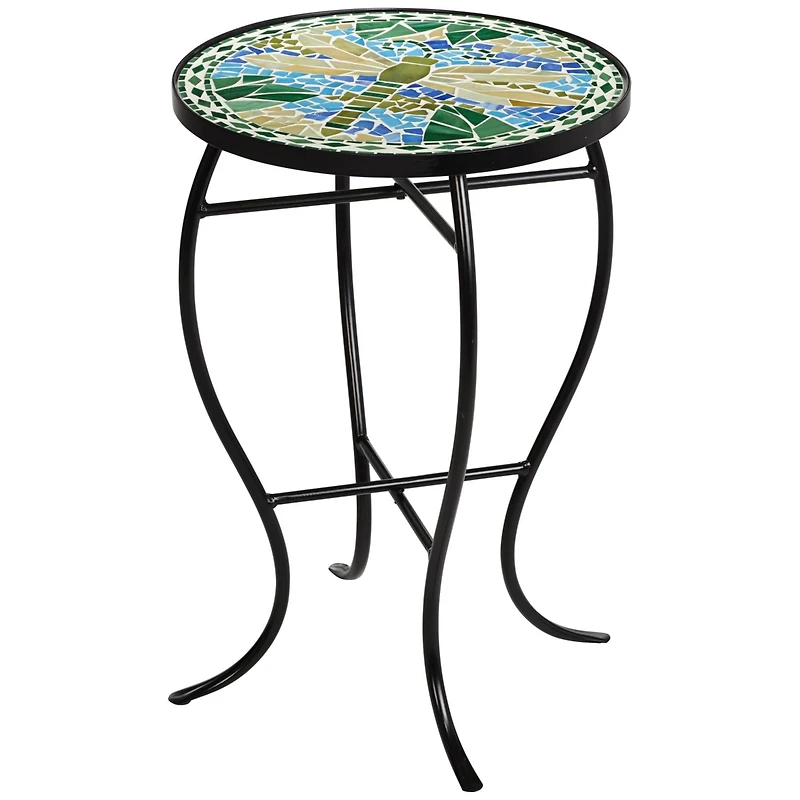 Dragonfly Modern Black Metal Round Outdoor Accent Side Table 14" Wide Blue Green Mosaic Tile Inlay Tabletop Gracefully Curved Legs for Spaces Porch Pa