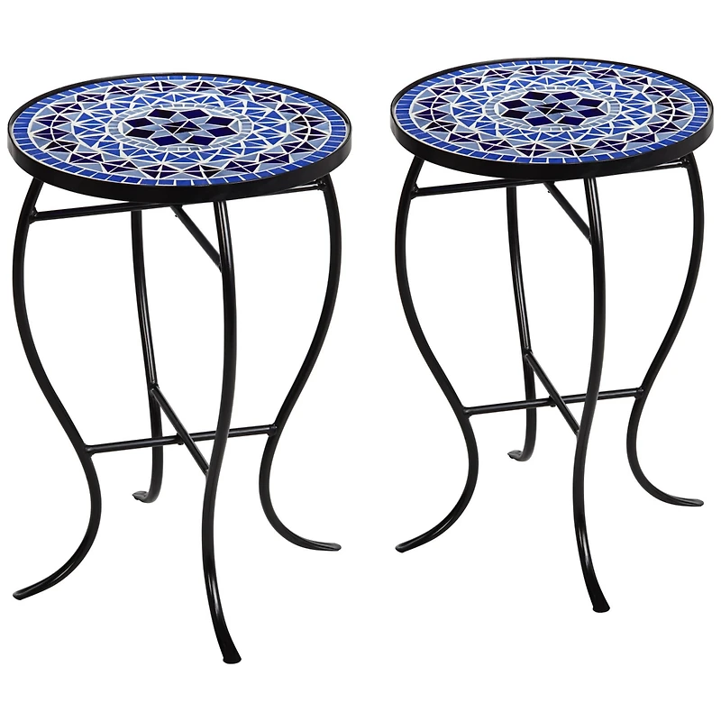 Teal Island Designs Modern Black Round Outdoor Accent Side Tables 14" Wide Set of 2 Light Blue Mosaic Tabletop Front Porch Patio Home House
