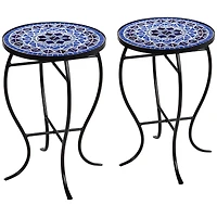Teal Island Designs Modern Black Round Outdoor Accent Side Tables 14" Wide Set of 2 Light Blue Mosaic Tabletop Front Porch Patio Home House