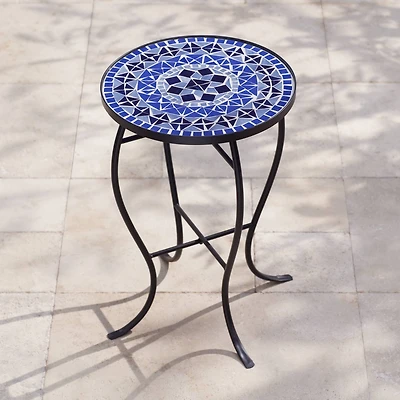 Cobalt Modern Black Metal Round Outdoor Accent Side Table 14" Wide Light Blue Mosaic Tile Tabletop Gracefully Curved Legs for Spaces Porch Patio Home