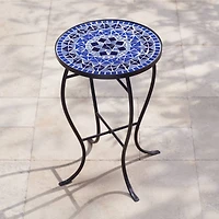 Cobalt Modern Black Metal Round Outdoor Accent Side Table 14" Wide Light Blue Mosaic Tile Tabletop Gracefully Curved Legs for Spaces Porch Patio Home