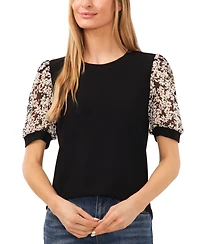 CeCe Women's Daisy Mixed Media Short Sleeve Top
