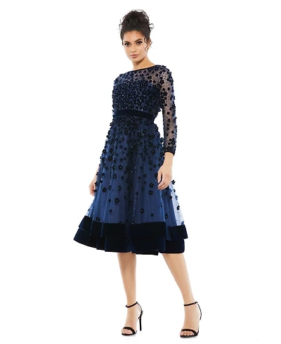Women's Embellished Illusion High Neck Long Sleeve Fit & Flare Dress