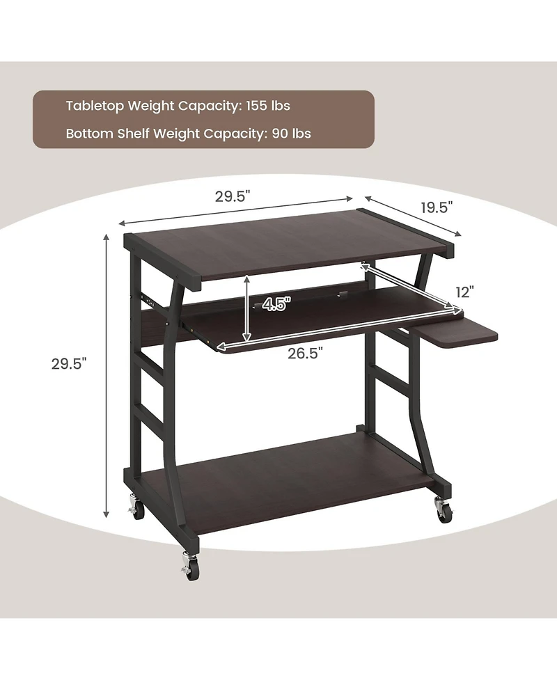 Mobile Computer Desk with Keyboard Tray Mouse Tray and Shelf-Dark Brown