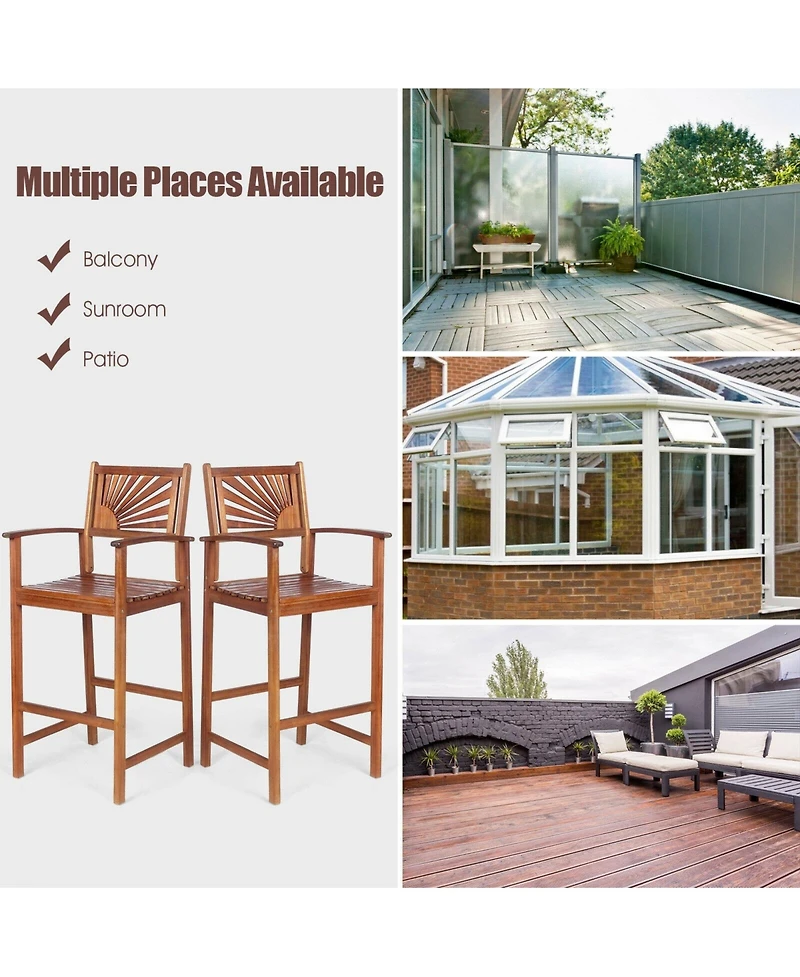 2 Pieces Outdoor Acacia Wood Bar Chairs with Sunflower Backrest and Armrests