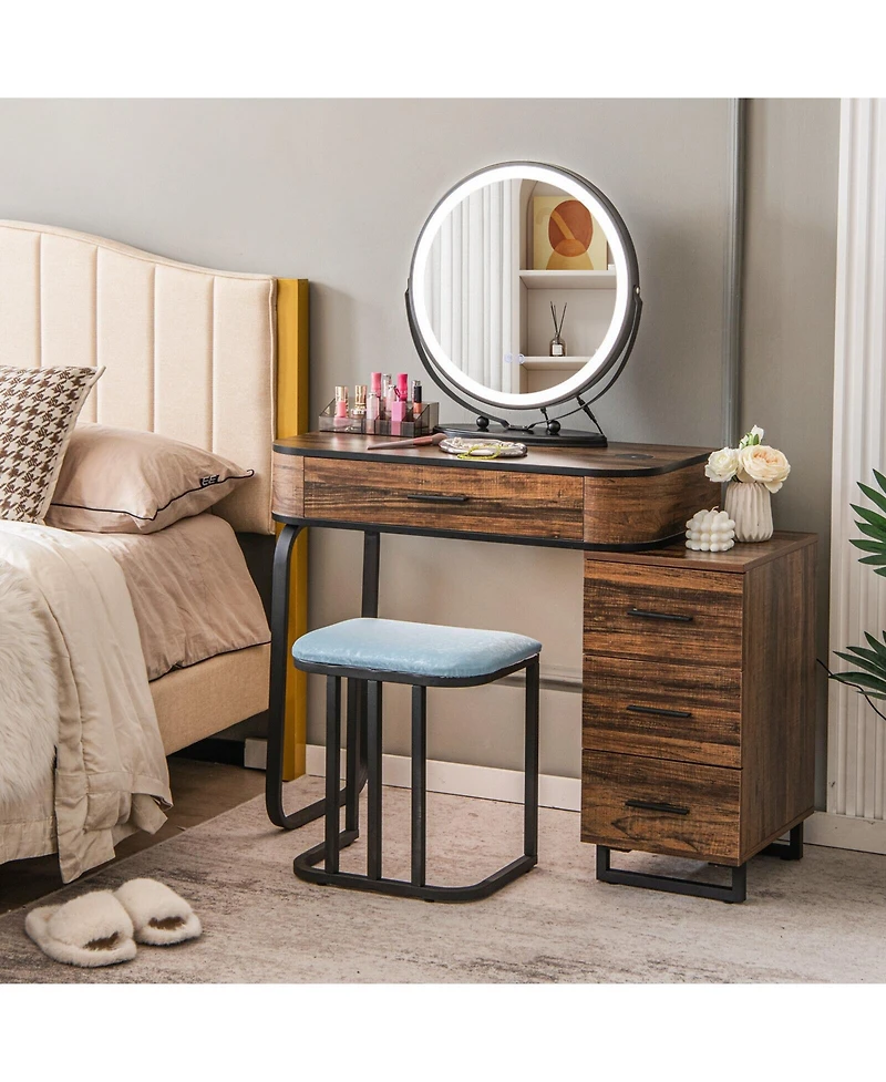 Vanity Table Set with 3-Color Lighted Mirror and Charging Station-Brown