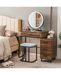 Vanity Table Set with 3-Color Lighted Mirror and Charging Station-Brown