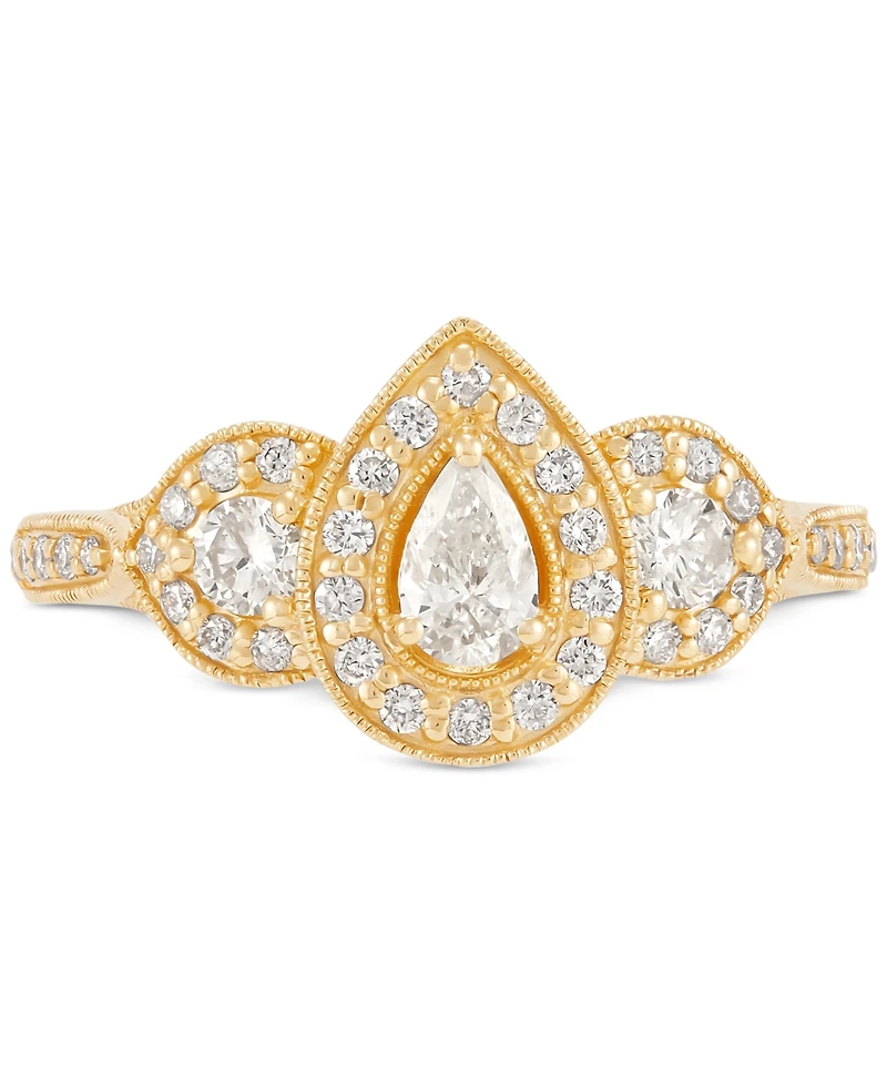 Diamond Pear-Cut Halo Three Stone Beaded Engagement Ring (3/4 ct. t.w.) in 14k Gold