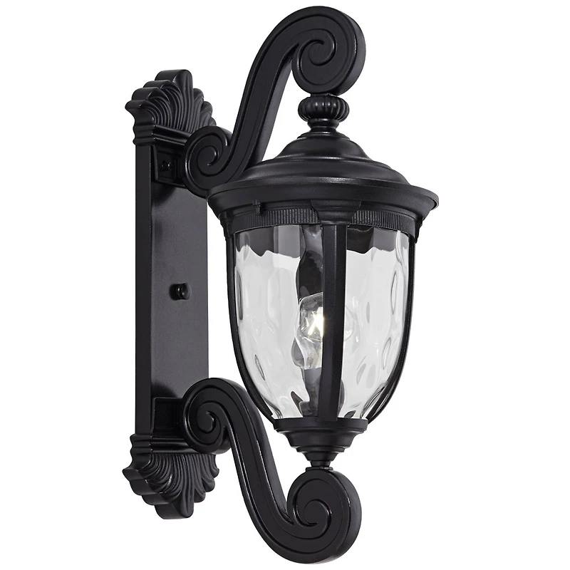 Bellagio European Outdoor Wall Light Fixture Texturized Black Dual Scroll Arm 24" Clear Hammered Glass for Exterior House Porch Patio Outside Deck Gar