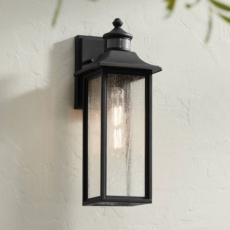 John Timberland Mission Outdoor Wall Light Fixture Black Dusk to Dawn Motion Sensor 16 1/2" Seeded Glass for Exterior House Porch
