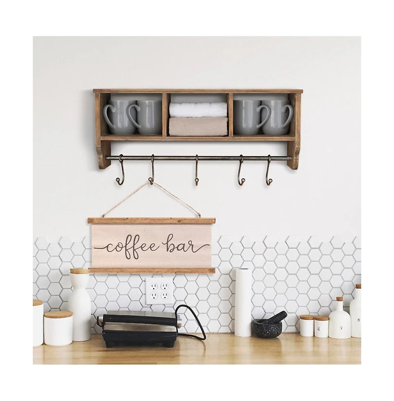 Rustic Coat Rack Wall Mounted Shelf With Hooks & Baskets, Entryway Organizer 5 And Cubbies