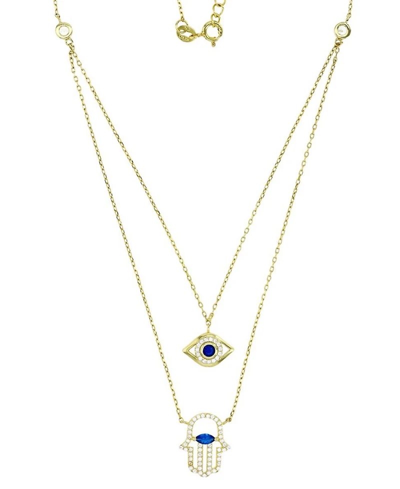 Lab-Created Blue Spinel & Cubic Zirconia Evil Eye & Hamsa Hand 18" Layered Necklace