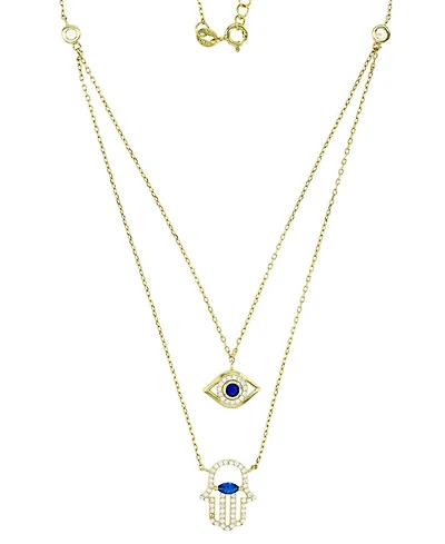 Lab-Created Blue Spinel & Cubic Zirconia Evil Eye & Hamsa Hand 18" Layered Necklace