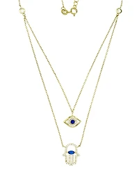Lab-Created Blue Spinel & Cubic Zirconia Evil Eye & Hamsa Hand 18" Layered Necklace