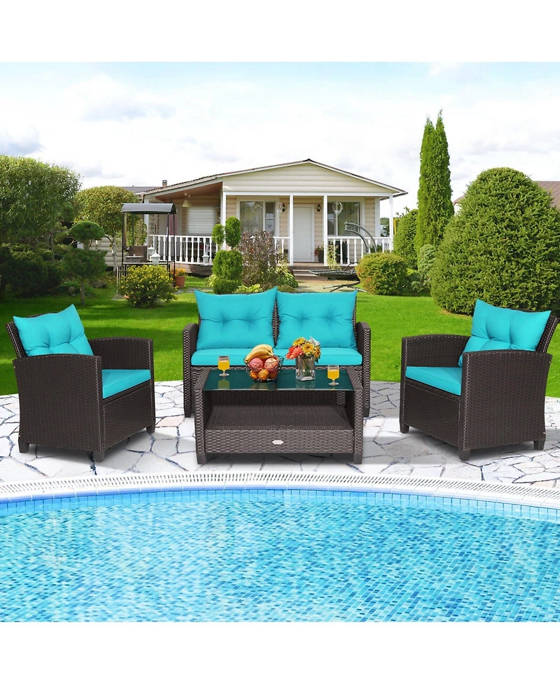 4 Pieces Patio Rattan Conversation Furniture Set with Glass Top Coffee Table