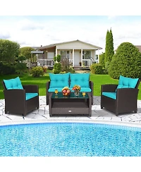 4 Pieces Patio Rattan Conversation Furniture Set with Glass Top Coffee Table