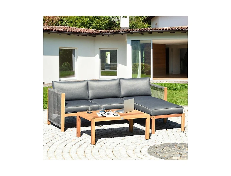 3 Pieces Patio Acacia Wood Sofa Furniture Set with Nylon Rope Armrest