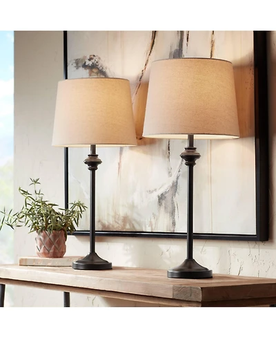360 Lighting Lynn Modern Industrial Buffet Table Lamps 26" High Set of 2 Dark Bronze Metal Oatmeal Drum Shade for Bedroom Living Room Bedside Off