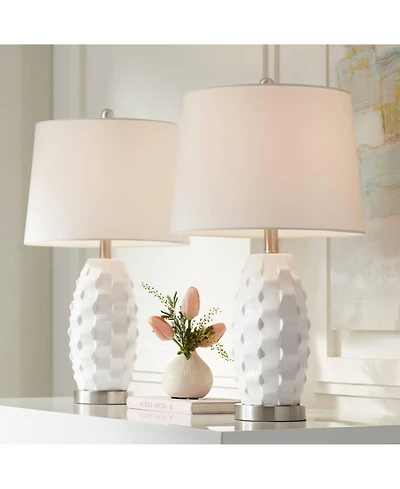 360 Lighting Led Modern Coastal Accent Table Lamps 24 1/2" High Set of 2 Scalloped White Ceramic Drum Shade for Bedroom Living Room Bedside Night