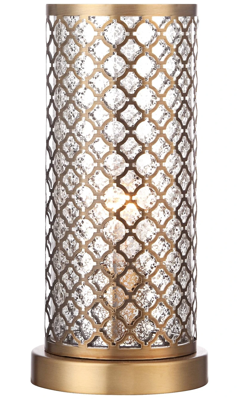 Alcazar Modern Glam Luxury Accent Table Lamp 12" High Brass Gold Metal Lattice Outer Mercury Glass Inner Cylinder Shade Decor for Bedroom House Bedsid