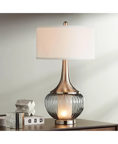 360 Lighting Courtney Modern Table Lamp 28 1/2" Tall Fluted Smoked Glass with Nightlight White Linen Drum Shade for Bedroom Living Room Nightstan