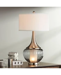 360 Lighting Courtney Modern Table Lamp 28 1/2" Tall Fluted Smoked Glass with Nightlight White Linen Drum Shade for Bedroom Living Room Nightstan