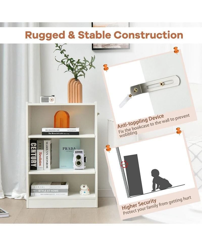 3-Tier Bookcase Open Display Rack Cabinet with Adjustable Shelves