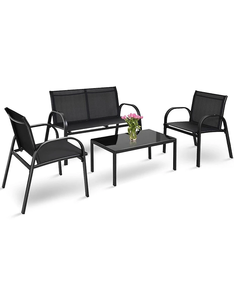 4 Pieces Patio Furniture Set with Glass Top Coffee Table