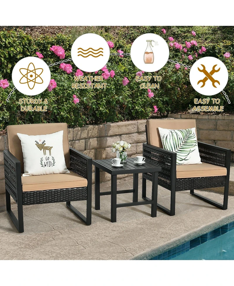 3 Pieces Patio Rattan Bistro Cushioned Furniture Set