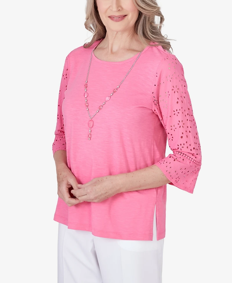 Alfred Dunner Women's Paradise Island Eyelet Trim Top with Detachable Necklace