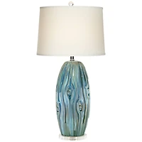 Eneya Modern Coastal Modern Table Lamp 31" Tall Ceramic Blue Green Swirl Glaze Neutral Oval Shade for Living Room Bedroom Beach House Bedside Home Off