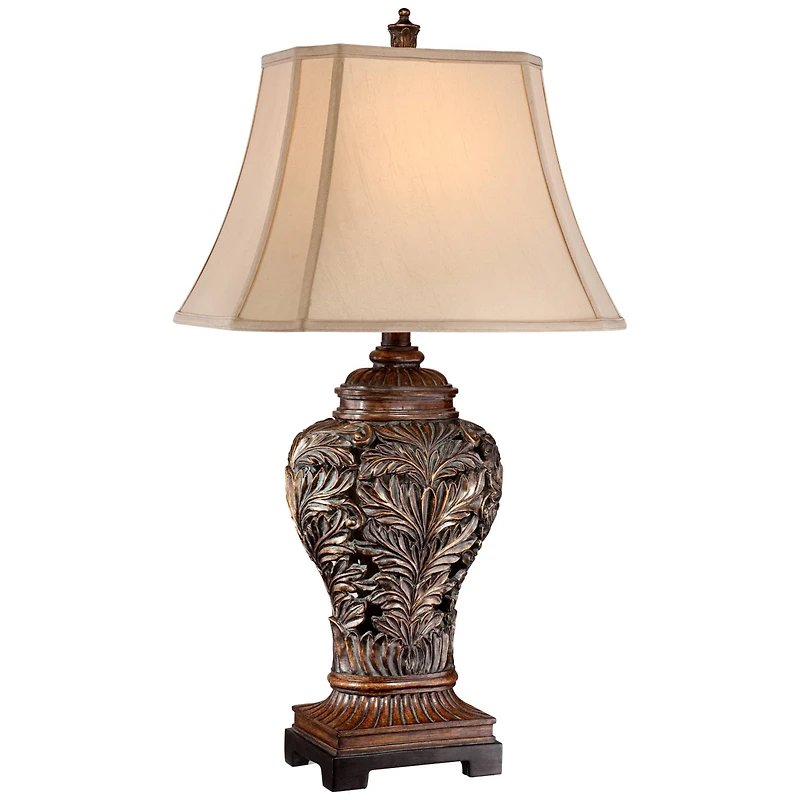 Barnes and Ivy Leafwork Vase 32 1/2" Tall Large Traditional End Table Lamp Brown Wood Finish Tan Rectangular Shade Living Room