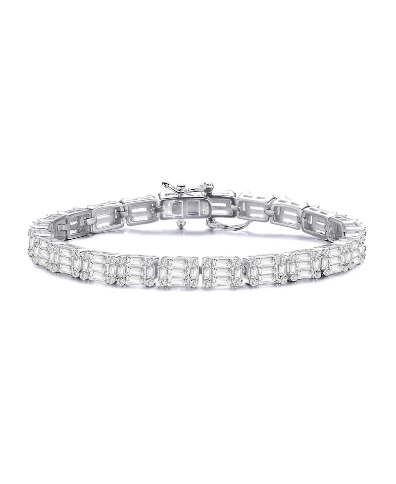 Sterling Silver with White Gold Plated Clear Green and Round Cubic Zirconia Cluster Rectangular Link Bracelet