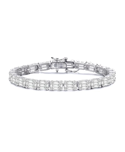 Sterling Silver with White Gold Plated Clear Green and Round Cubic Zirconia Cluster Rectangular Link Bracelet