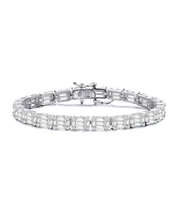 Sterling Silver with White Gold Plated Clear Green and Round Cubic Zirconia Cluster Rectangular Link Bracelet
