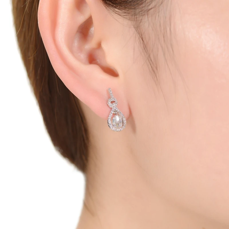 White Gold Plated with Cubic Zirconia Love Knot Door Knocker Dangle Earrings