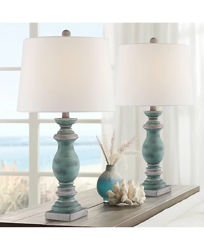 Regency Hill Patsy Country Cottage Table Lamps 26 1/2" High Set of 2 Blue Gray Washed Fabric Drum Shade for Bedroom Living Room Bedside Nightstan