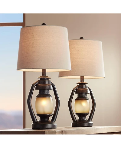 Franklin Iron Works Horace Rustic Table Lamps 25 1/4" High Set of 2 Brown with Nightlight Miner Lantern Oatmeal Drum Shade for Bedroom Living Roo